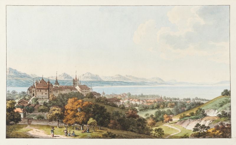 Vue de Lausanne grabado de Johann Ludwig Aberli que representa colinas suaves y luz suave.