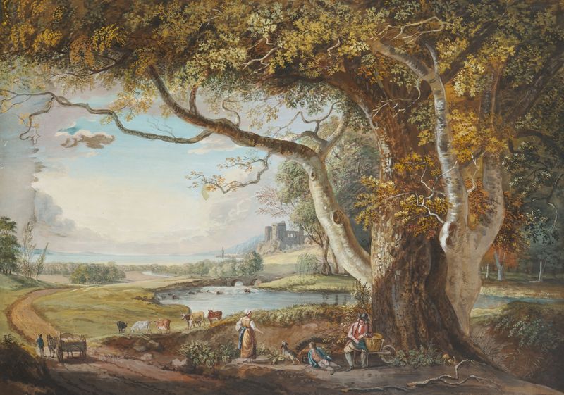 Paisagem com lago e grande árvore em primeiro plano, pintura a óleo de Paul Sandby