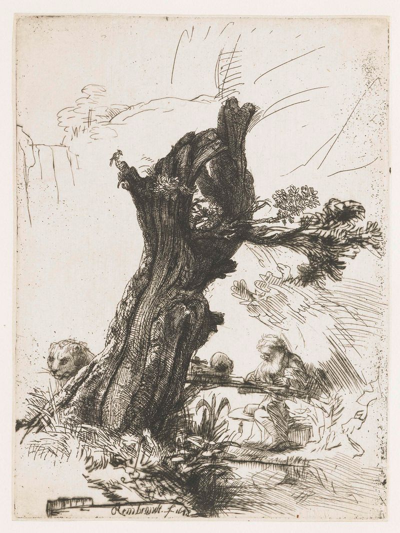 São Jerônimo ao lado de um salgueiro, gravura de Rembrandt van Rijn