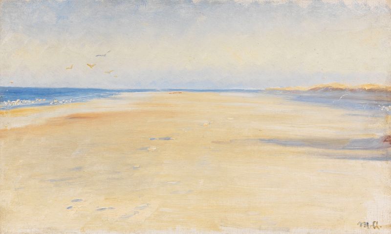 The Beach at Skagen by Michael Ancher, oil on canvas depicting figures on a sunny beach.
