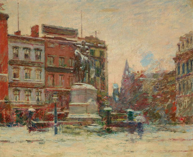 Union Square, Winter de Theodore Robinson, pintura a óleo com pedestres na neve.