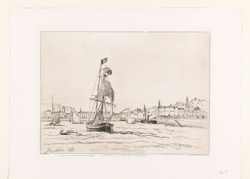 Haven van Honfleur, grabado de Johan Barthold Jongkind que muestra barcos al atardecer con reflejos en el agua