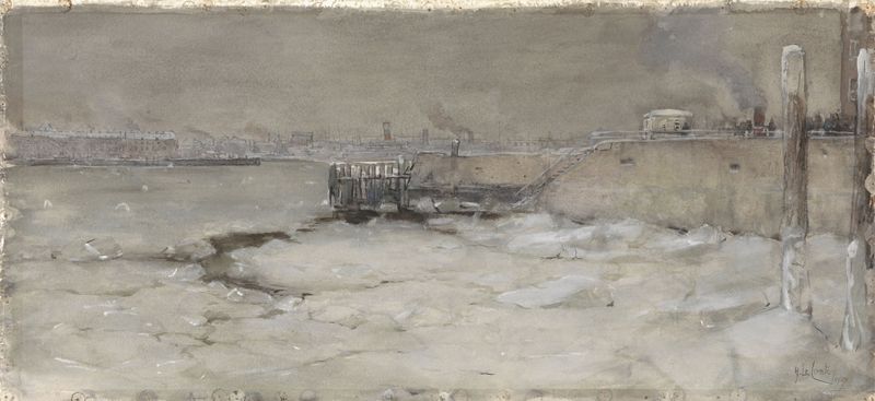 Winter scene with figures laboring on ice, oil painting by Adolf le Comte
