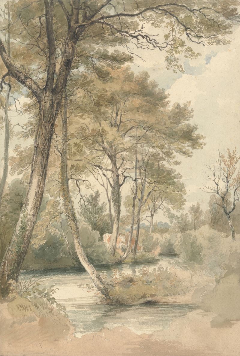 Stream with trees and cattle, watercolor on paper by Henry Edridge