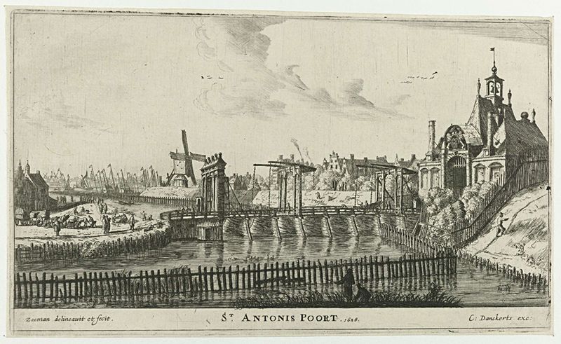 Gezicht op de Tweede Sint-Antoniespoort te Amsterdam, gravura de Reinier Nooms mostrando um portão da cidade com luz do so...