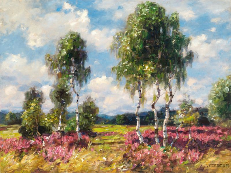 Abetos en un paisaje de brezo, óleo sobre lienzo de Alexander Koester