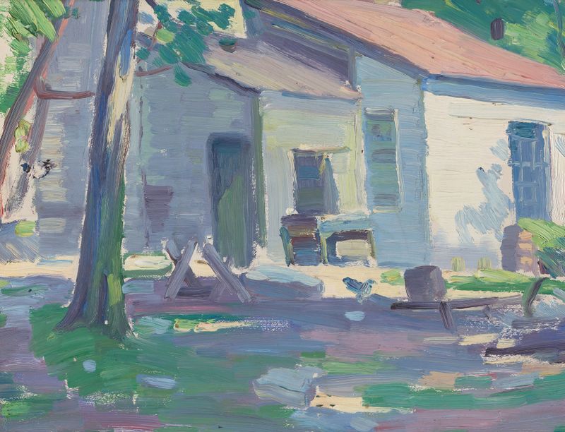 Paisagem de uma fazenda com um celeiro, pintura a óleo de Mommie Schwarz
