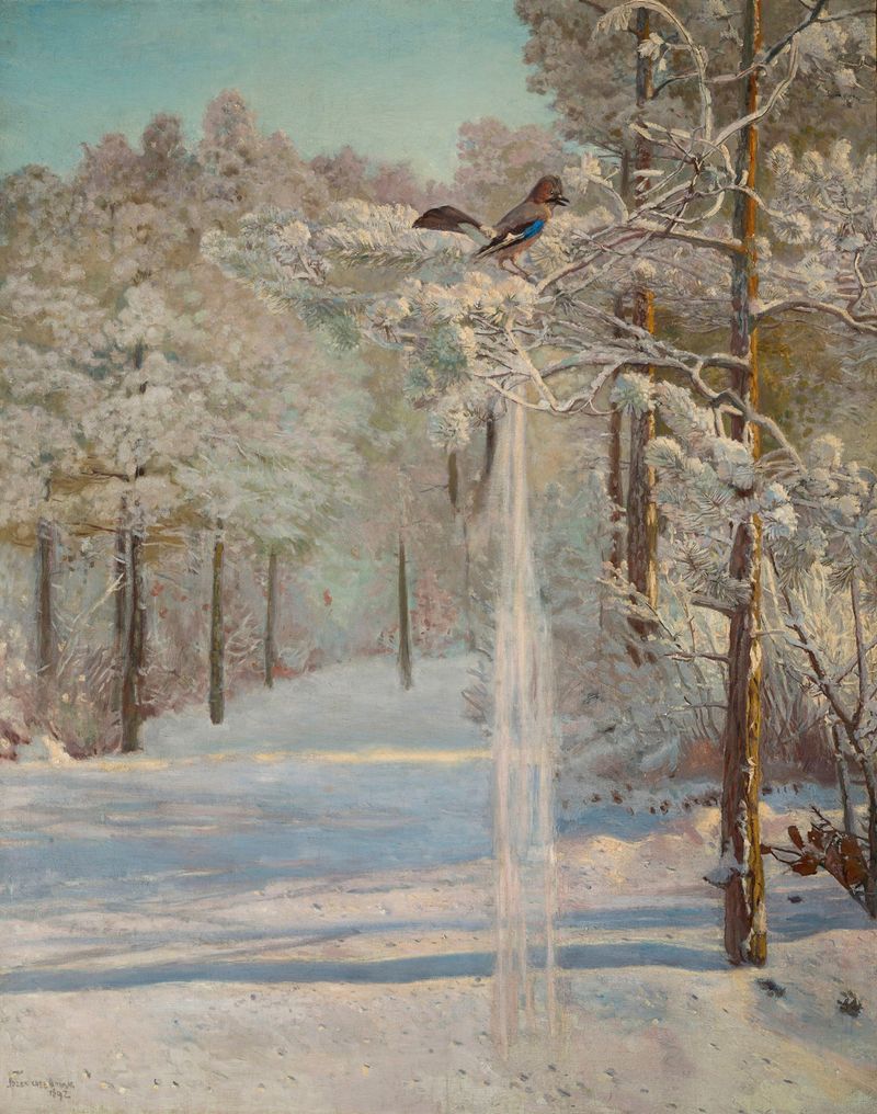 Realism oil painting by Jozef Chelmonski depicting a solitary jay with vibrant plumage.