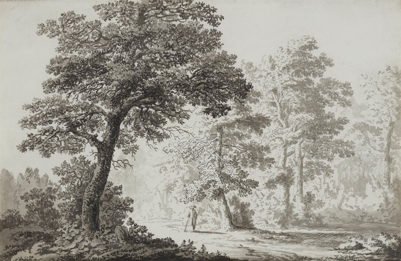 Wanderer auf Rügen, óleo sobre tela de Jacob Philipp Hackert, apresentando uma figura em um penhasco com vista para o mar.