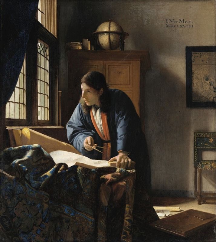 The Geographer by Johannes Vermeer, oil painting of a man with a compass in a study.
