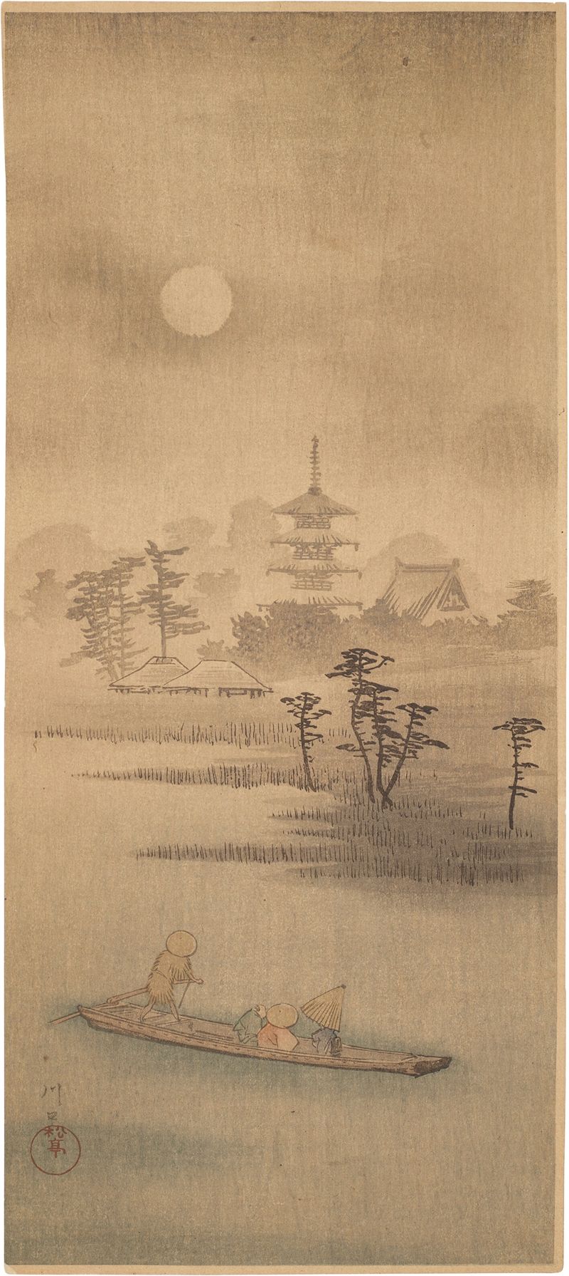 Kawaguchi de Takahashi Hiroaki, Ukiyo-e, que representa un paisaje sereno con líneas delicadas.