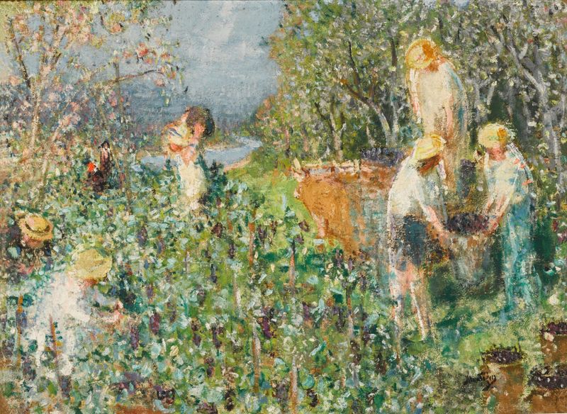 Les vendanges de Pierre-Eugène Montézin, óleo sobre tela representando uma colheita de uvas na luz dourada