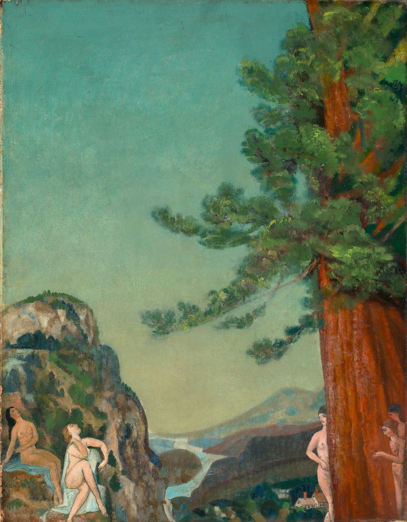 Oil painting by Arthur Bowen Davies depicting cliffs and swirling sky