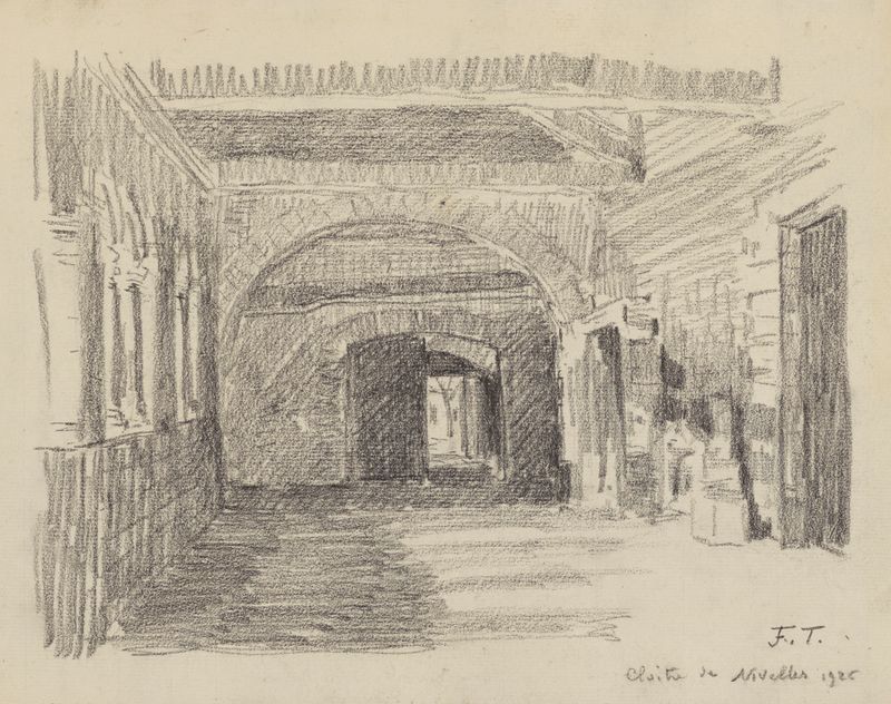 Vista interior do claustro por Jean-François Taelemans, 1926, apresentando intrincados trabalhos em pedra.