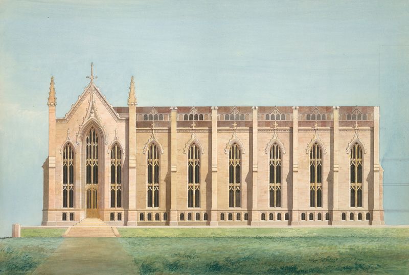 Design for the North Wing of the Library and Chapel Building, ink on paper by Alexander Jackson Davis