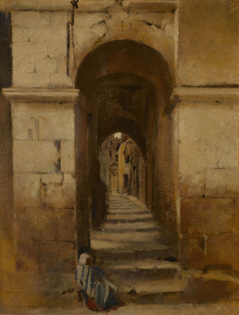 Ruelle à Rome de Jean-Jacques Henner, óleo sobre tela retratando uma mulher em uma rua estreita