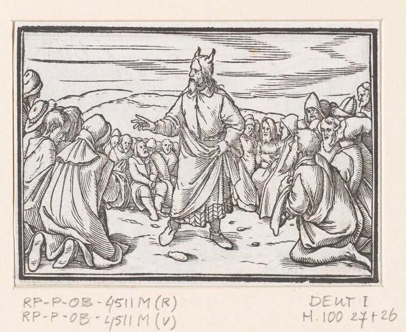 Moisés fala à multidão em uma obra em papel de 1538 de Hans Holbein, com luz dramática e vestes.