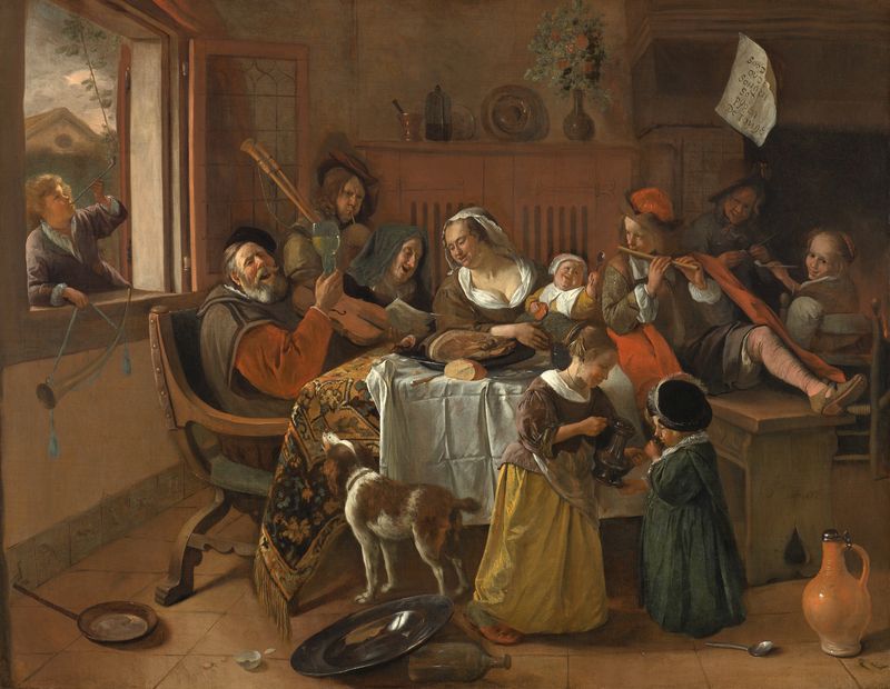 The Merry Family, oil painting by Jan Havicksz. Steen, depicting a joyful family singing and celebrating.