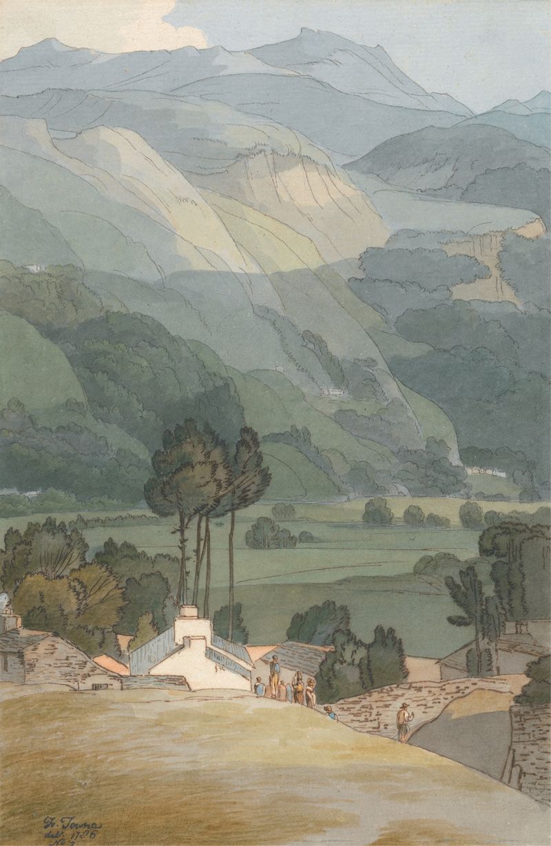 Landscape of Ambleside by Francis Towne, oil painting depicting tranquil waters and pastel sky.