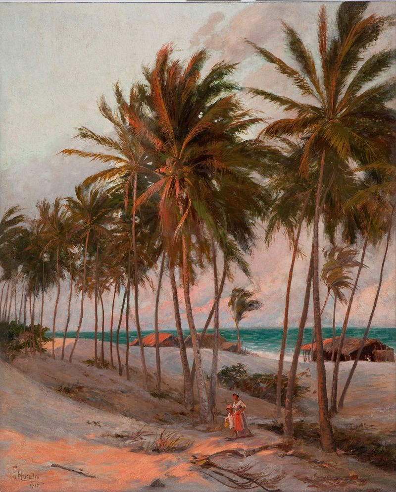 Cena marinha representando uma praia ao pôr do sol de Aurélio Figueiredo, Impressionismo