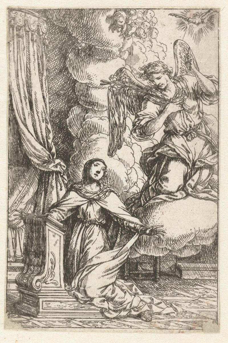 Etching by Jonas Umbach depicting an angel in soft light, representing divine communication.