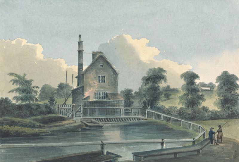 Watercolour by John Hassell depicting Sluice House in a tranquil landscape