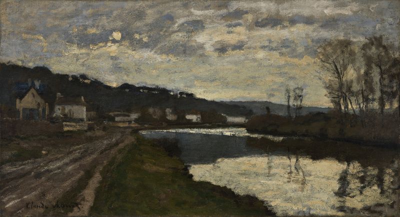 La Seine à Bougival de Claude Monet, pintura a óleo que retrata uma cena de rio com figuras e luz do sol.