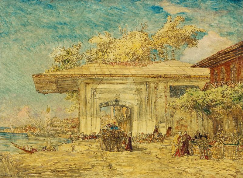 Paisaje con un quiosco de Félix Ziem, pintura al óleo