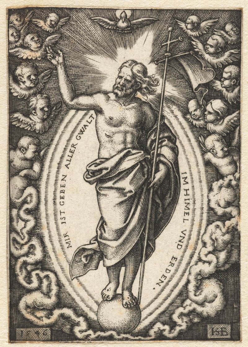 Gravura de Hans Sebald Beham de Cristo em pé sobre um globo