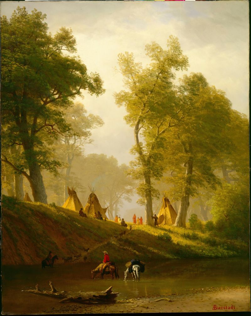 O Rio Wolf, óleo sobre tela de Albert Bierstadt, com águas tranquilas e luz etérea.