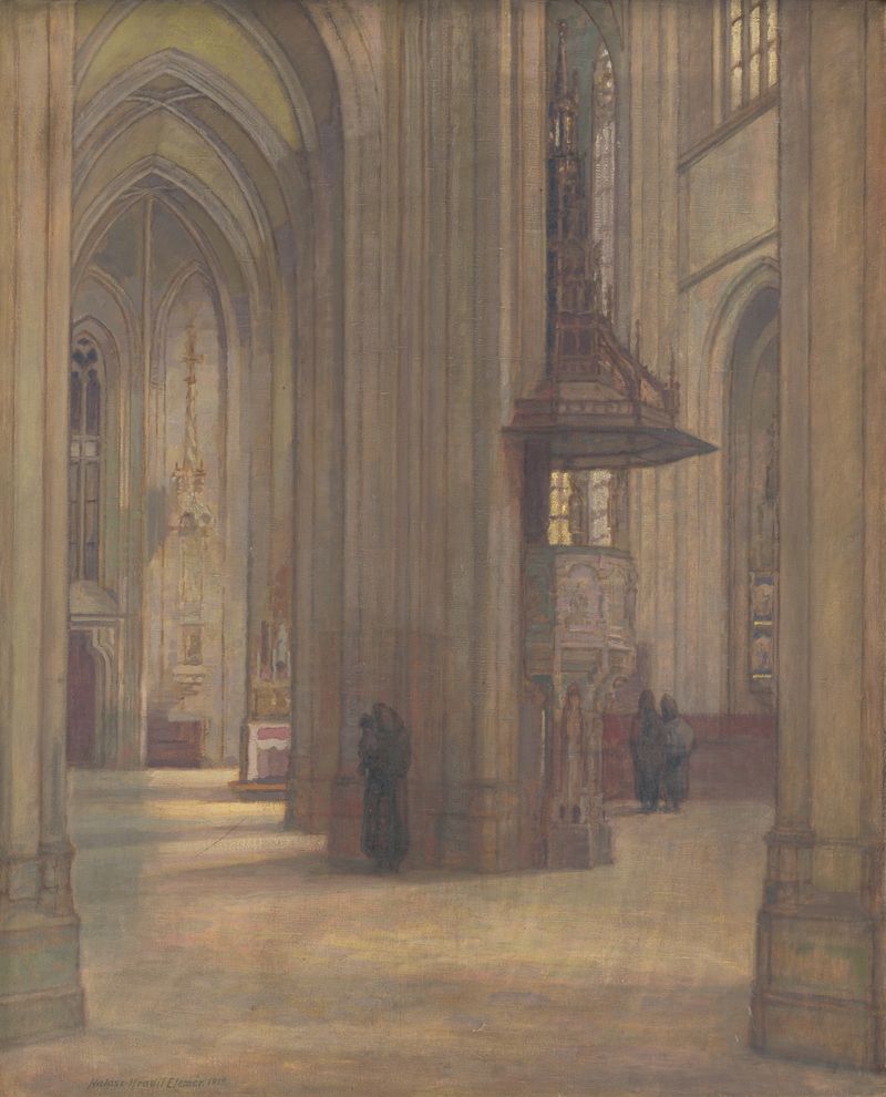 Interior of St. Elisabeth Cathedral by Elemír Halász-Hradil, oil on canvas, featuring stained glass and arches