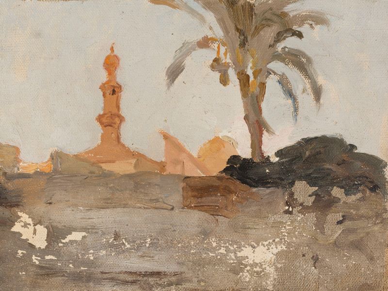 Cairo. Da jornada ao Egito de Jan Ciągliński, pintura a óleo de estruturas antigas ao crepúsculo.