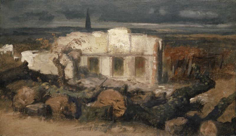 Paisaje de muros en ruinas y naturaleza en óleo de Arnold Böcklin
