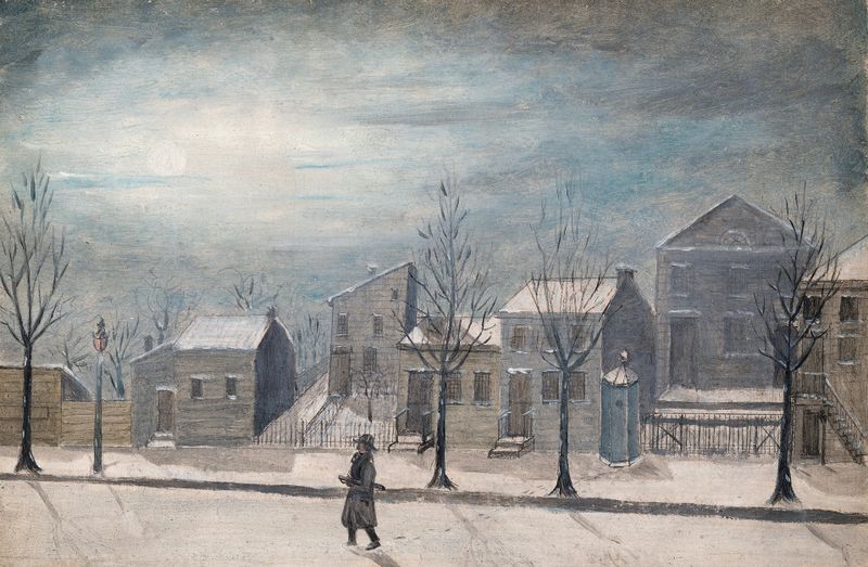 Figurative oil painting by William P. Chappel depicting a watchman in a dimly lit alley.