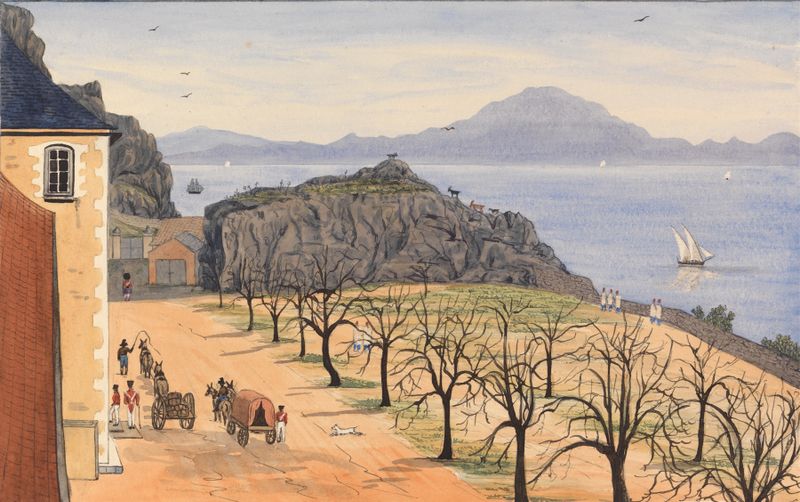 Las Montañas de África, una pintura al óleo de George Lothian Hall, presenta montañas distantes y un cielo pálido.