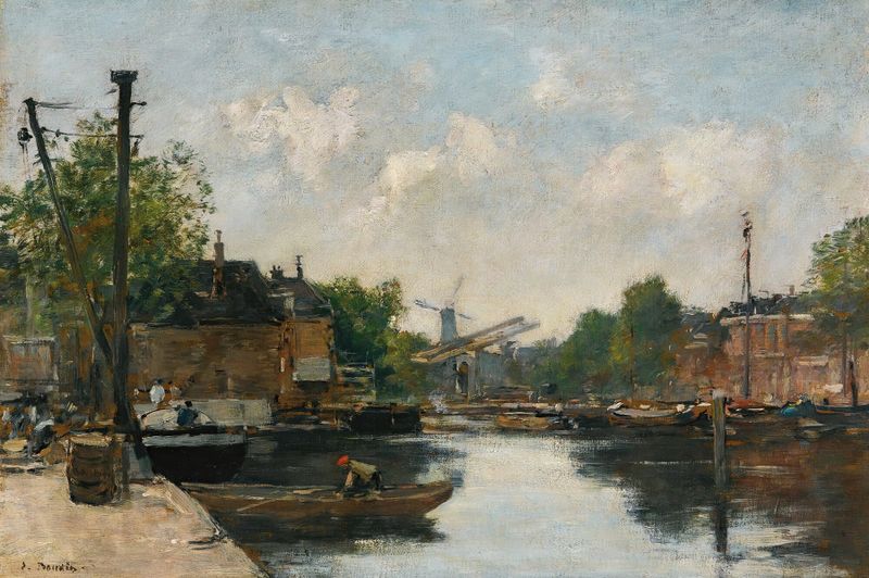 Canal A Rotterdam de Eugène Boudin, pintura al óleo que muestra barcos y reflejos en el agua.