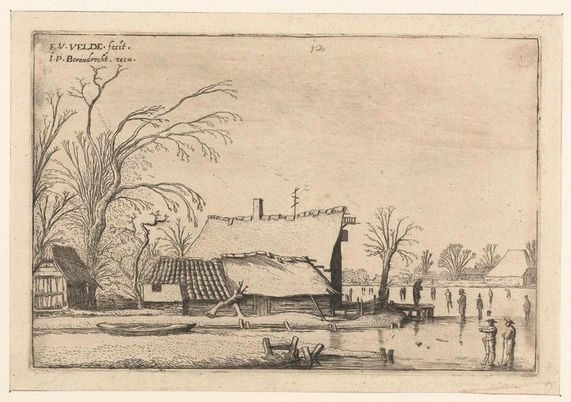 Winter landscape with skaters on a frozen river, etching by Esaias van de Velde