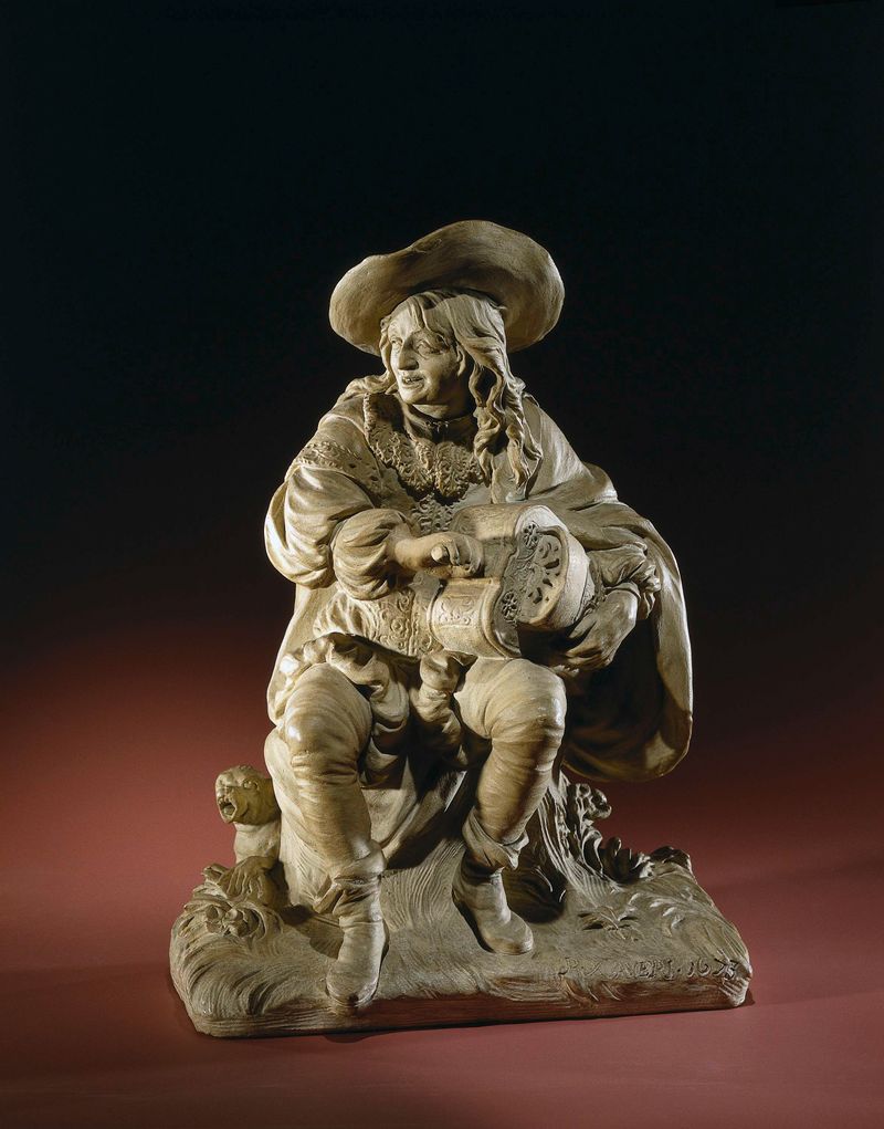 Hurdy-Gurdy Player de Pieter Xaveri, pintura al óleo que muestra a un músico con manos desgastadas.