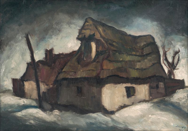 Cottages de Zolo Palugyay, pintura al óleo que muestra dos cottages rodeados de vegetación.