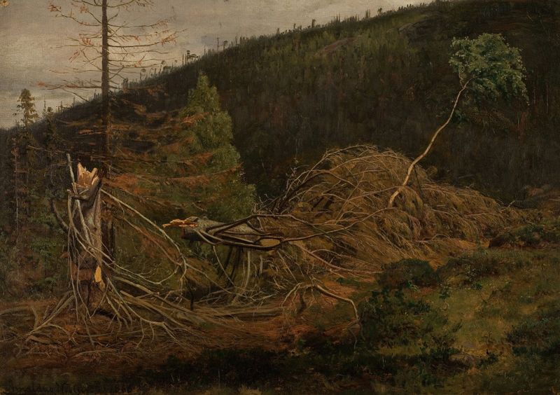Skogparti de Amaldus Nielsen, óleo sobre lienzo que representa una vibrante escena forestal.