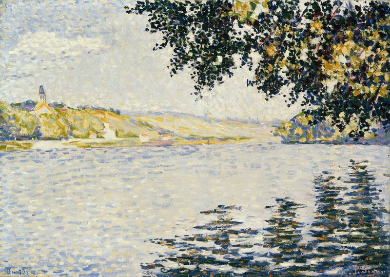 Vista do Sena em Herblay de Paul Signac, pintura a óleo de uma paisagem serena de rio