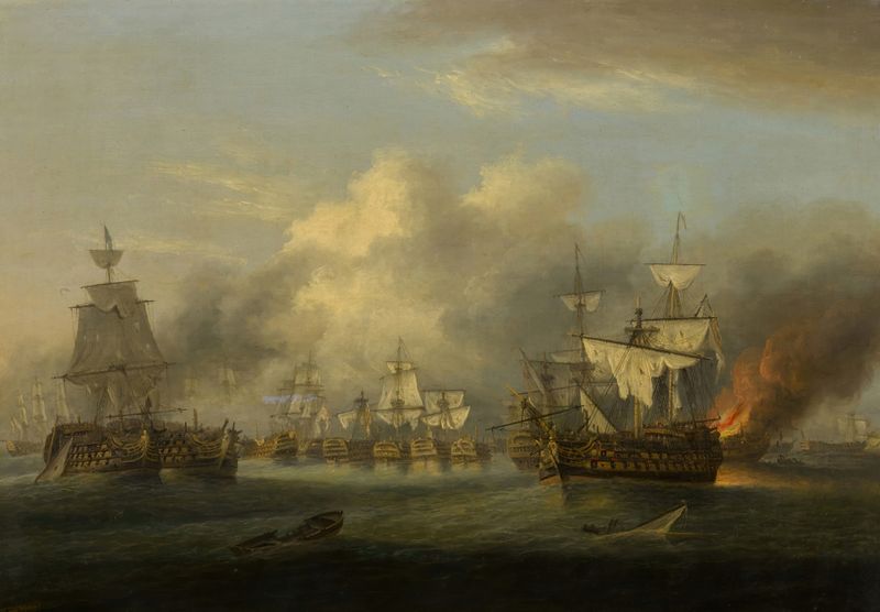 Oil painting by Thomas Luny depicting a naval battle with ships and cannons.
