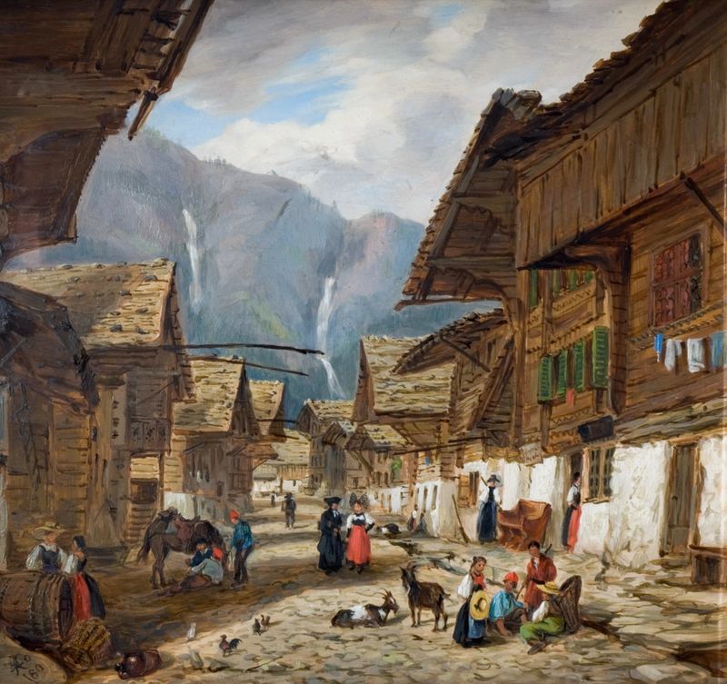 Paisaje de Andermatt, Suiza, pintura al óleo de Hopkins Horsley Hobday Horsley