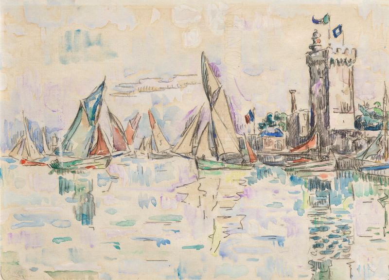 Sables d’Olonne, la tour d’Arundel de Paul Signac, pintura a óleo que retrata o oceano e a Torre de Arundel.