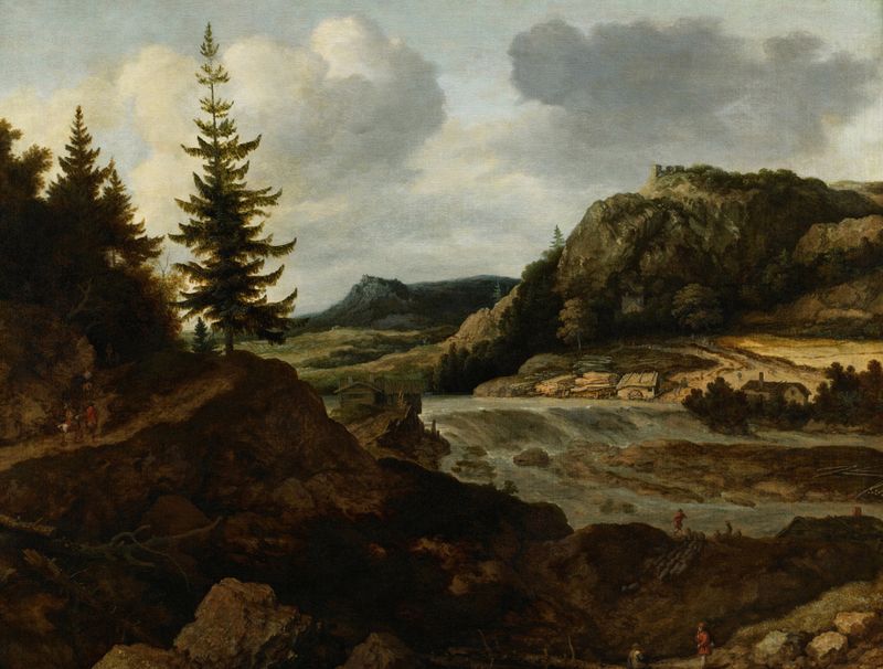 A Mountainous River Landscape with Travellers, oil painting by Allaert van Everdingen