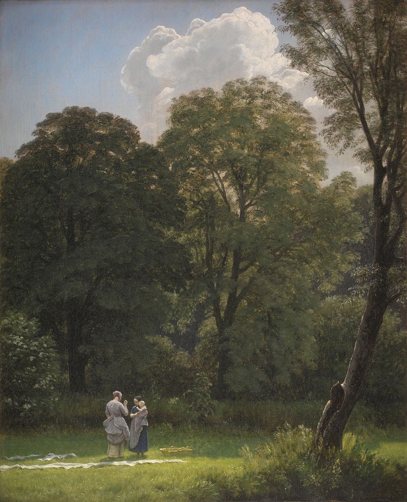 Bleaching Linen in a Clearing, óleo sobre tela de P. C. Skovgaard, apresentando linho fresco em uma paisagem verde