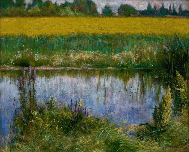 Field of Lupine by Władysław Podkowiński, oil painting, depicting vibrant purple flowers in a landscape.