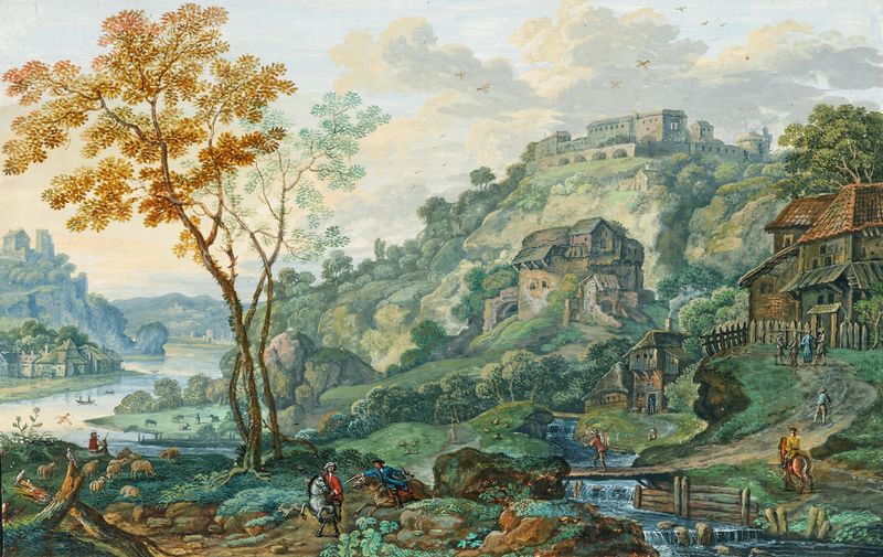 Rococo oil painting by Franz Christoph Janneck depicting a landscape with a river, fortress, and horsemen.