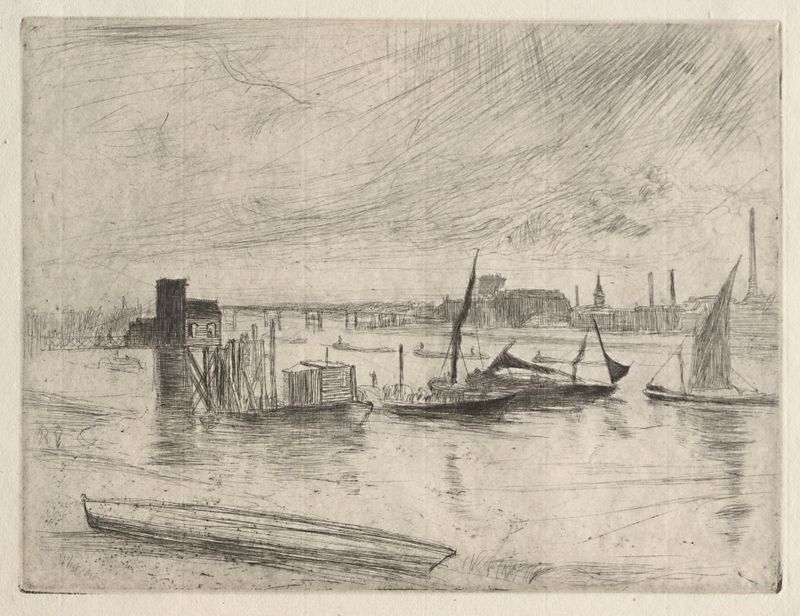 Early Morning Battersea de James Abbott McNeill Whistler, pintura a óleo de uma paisagem tranquila ao amanhecer.