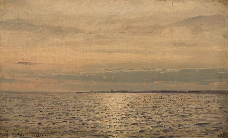Solspeil, Hvaler de Amaldus Nielsen, pintura al óleo que representa reflejos de luz en el agua.